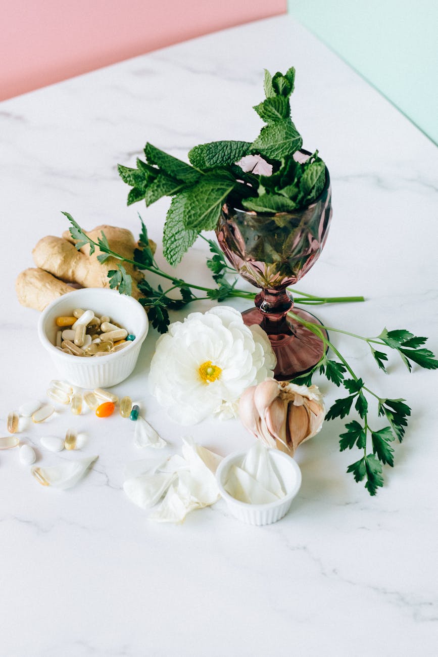 green herbs in clear glass to fight tiredness